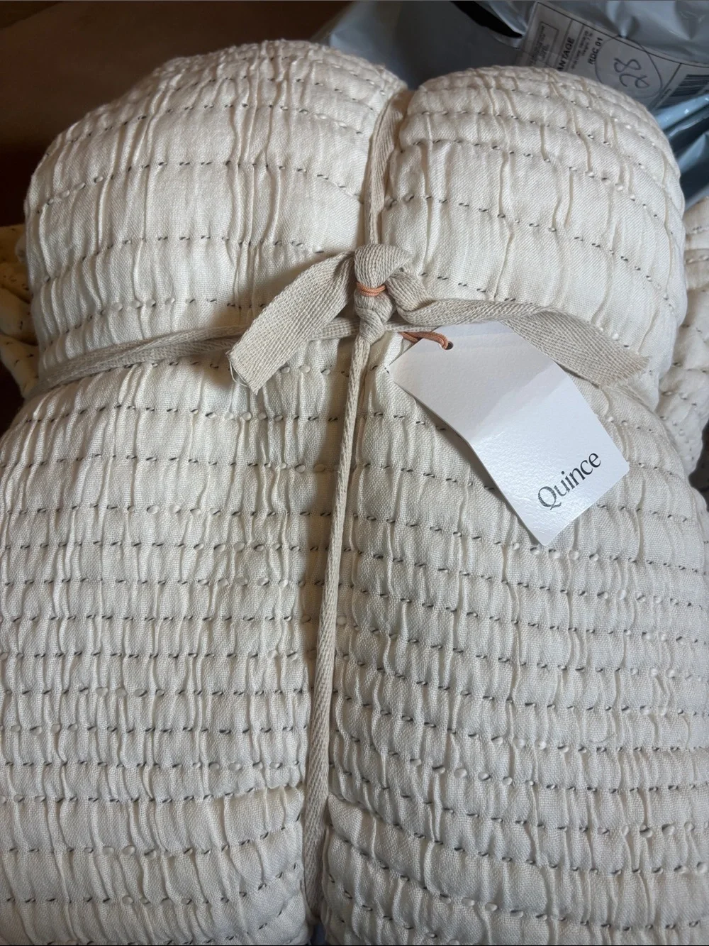 Quince Organic Cotton Channel Stitch Coverlet Queen Ivory NWT